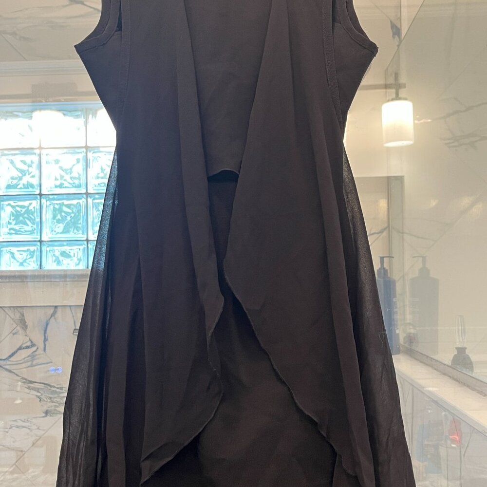 Bebe Black Sleeveless Mini Dress with Attached Sheer Black Hi Low Cape, Medium